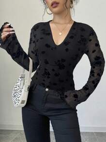 SHEIN Privé Ladies New Black Flocked V-Neck Ruffle Sleeve Slim Fit T-Shirt Top, Long Sleeve Top, Women's Going Out Top, Elegant Black Top, V-Neck Top, Mesh Top, Elegant / Commuting / Casual / Business / Vacation / Date Night / Sexy