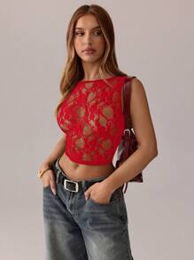 SHEIN SXY Rode topjes; Lente- en zomerkleding voor dames; Kanten topjes; Zwarte mesh doorschijnende kant jacquard dames sexy party tanktop