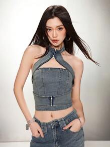 SHEIN EZwear 女士牛仔短款上衣，性感贴身弹力吊带领，蓝色 - 中等水洗藍 - 查看 4