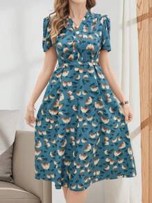 EMERY ROSE Women Elegant V-Neck Tie Up Short Sleeve Mid-Length Casual Dress