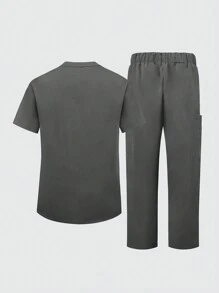 Manfinity Homme Set de 2 piezas de uniforme médico con camisa de manga corta de botones delanteros de unicolor con bolsillo y pantalón largo para hombres
