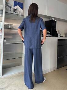 DAZY 女士纯色短袖衬衫长裤两件套，蓝色，春夏款，教师休闲套装