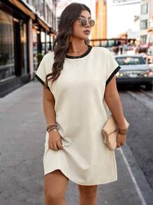 SHEIN LUNE Plus Size Women Casual Textured Color Block Batwing Sleeve Dress,Summer Outfits For Women,Summer Outfits For Women Summer Boho Old Money - Black and White - View 4