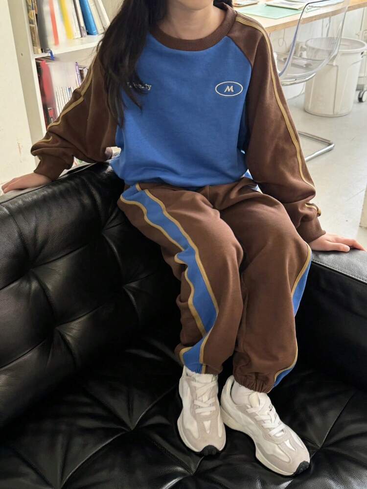 2pcs Girls Knitted Color Block Raglan Sleeve Long Sleeve Sweatshirt + Sweatpants Sets, Spring,Back To School Clothes