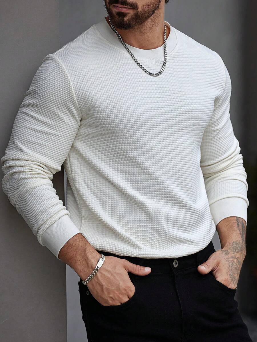 Manfinity Homme Áo thun nam tay dài trơn cỡ lớn, phong cách đơn giản, mặc hàng ngày - Màu be - Xem 1