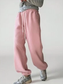 INAWLY Pantalón de chándal de mujer de pierna recta, suelto y casual, con cintura de cordón y unicolor de felpa polar