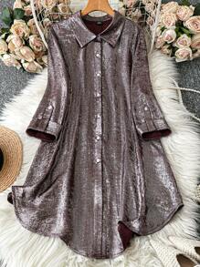 SHEIN LUNE Plus Size Front Button Long Sleeve Casual Dress