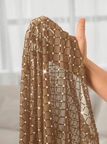 SHEIN Lady Spring And Summer Autumn And Winter Elegant Flocking Rhinestone Mesh Long-Sleeved Hollow Top Round Neck Dropped Shoulder Sleeves See-Through Semi-Transparent Top For Women Plus Size - Khaki - View 4