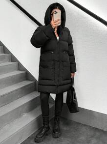 EURMUSE Hooded Front Big Pocket Detailed Waist Drawstring Women's Winter Coat - Black - View 5