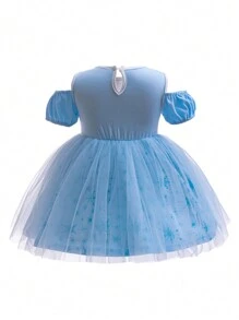Glamorique Kids Baby Girl Snowflake Print Mesh Patchwork Knit Fabric Party Dress With Bubble Sleeves, Cute And Playful Blue Mesh Dress For Birthday, Performances, Everyday Wear, Cosplay