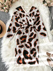 SHEIN Clasi 2024 Neuer stilvoll leopardenmusterner V-Ausschnitt Pullover Kleid für Frauen - Verschiedenfarbig - Übersicht 2