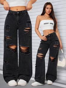 SHEIN Tall Jeans casuales de mezclilla con bolsillo delantero y efecto desgastado sencillo para mujer - Negro - Ver 6