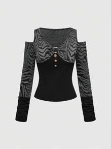 ROMWE Grunge Punk Y2K Shibuya Zebra Stripe Cutout Open Back Fitted Crop Top - Black - View 1