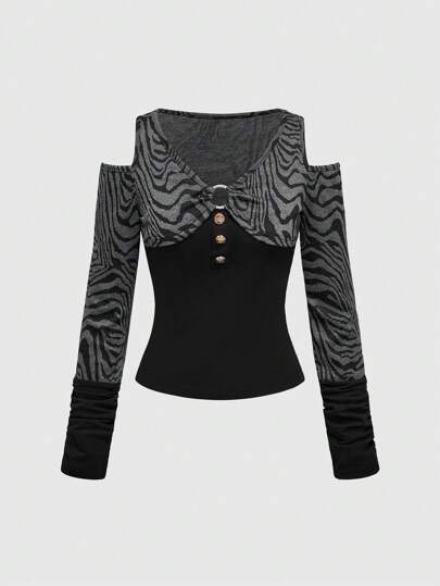 Grunge Punk توب محصور بظهر مفتوح ذو شريط الزيبرا "شيبويا" في أسلوب عام 2000