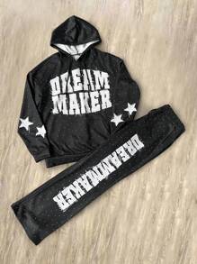 Manfinity EMRG 男士字母和五角星印花长袖连帽衫和运动裤休闲运动服套装 - 黑色 - 查看 5