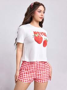 ROMWE Kawaii Strawberry Plaid Print Short Sleeve & Shorts Casual Pajama Set