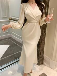 DAZY Women V-Neck Fitted Mid-Length Dress, White, Spring/Summer/Autumn Long Sleeve Dress - White - View 3