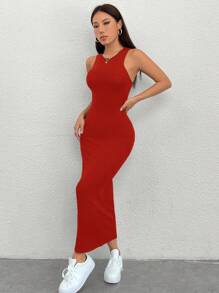 SHEIN PETITE 女士休闲纯色无袖修身连衣裙 - 紅色 - 查看 5