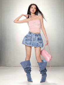 SHEIN EZwear 1 件女式牛仔迷你裙，休闲修身荷叶边下摆裙，蓝色 - 藍色 - 查看 3