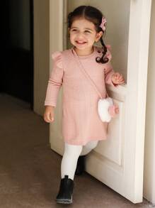SHEIN Vestido de manga corta de jacquard de punto para niña bebé, nuevo diseño suave y cómodo, vestido de invierno lindo y acogedor, conjunto de moda cálida - Multicolor - Ver 6