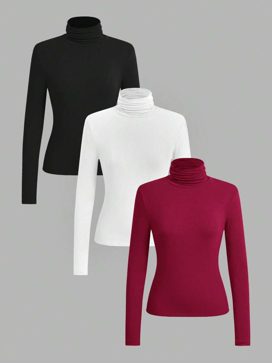 Modelyn 3件装女士基础款高领针织T恤，黑色、白色、棕色，秋冬款 - 彩色 - 查看 1