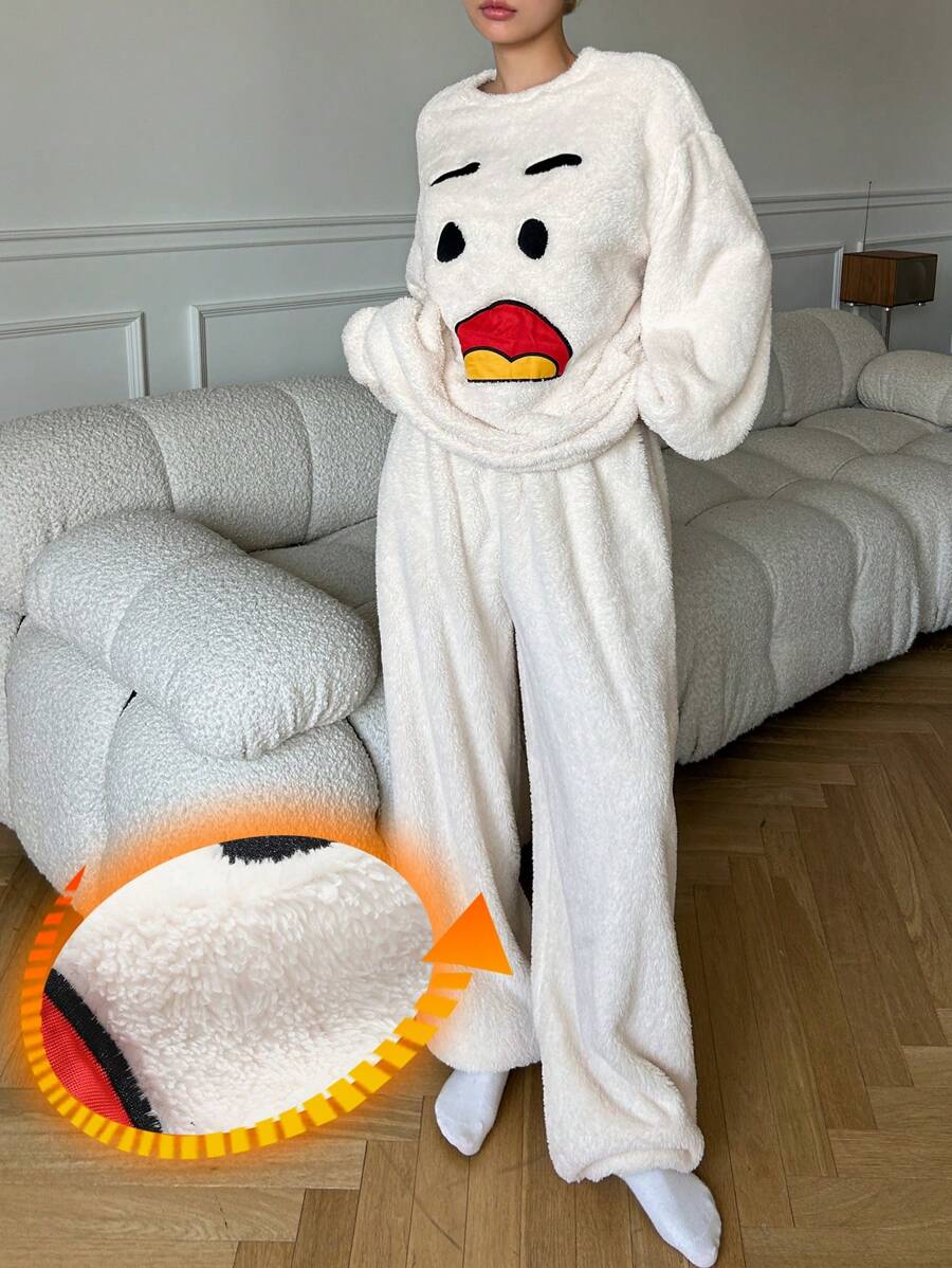 DAZY Plush Cute Emoticon Pattern Warm Pajama Set For Winter - White - View 1
