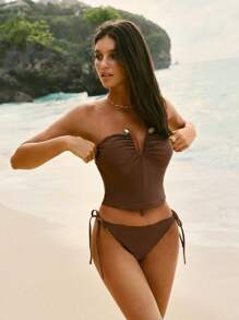 Swim Mod Swim Summer Beach Vacation Outfits Woman Gold Accessories Bikini Sets - Khaki - View 3