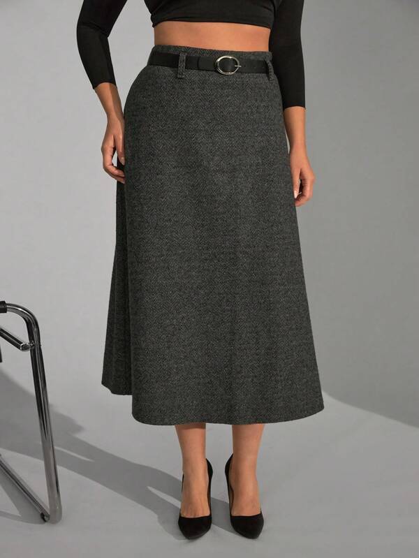 Women's Patterned Belted Long Wool Grey Skirt