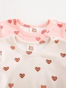 Cozy Pixies 4pcs Baby Girl Snug Fit Pajama Set, Hand-Drawn Heart Pattern, Soft Knit Crew Neck Long Sleeve Top, Elastic Waist Leggings, Cozy Loungewear Graphic - Pink - View 4