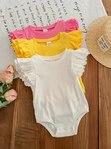 SHEIN LMoss Kids 3pcs/Set Newborn Baby Girl Cute Solid Color Knit Cap Sleeve Bodysuit, Summer - Multicolor - View 1