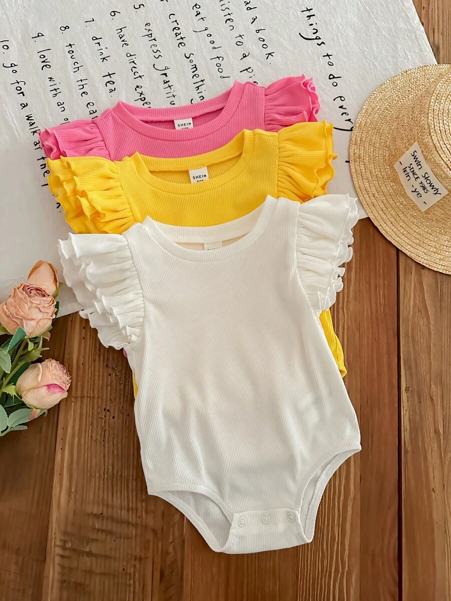 SHEIN LMoss Kids 3pcs/Set Newborn Baby Girl Cute Solid Color Knit Cap Sleeve Bodysuit, Summer - Multicolor - View 1