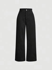 SHEIN PETITE Autumn And Winter Wear Women's Solid Color Straight Corduroy Pants - Black - View 6