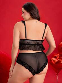 ROMWE Goth Conjunto de sujetador de triángulo sin aros y pantis con encaje en forma de corazón gótico para tallas grandes