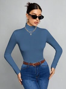 SHEIN Tall 简约纯色修身高领白色上衣适合秋冬季 - 水鴨藍 - 查看 6