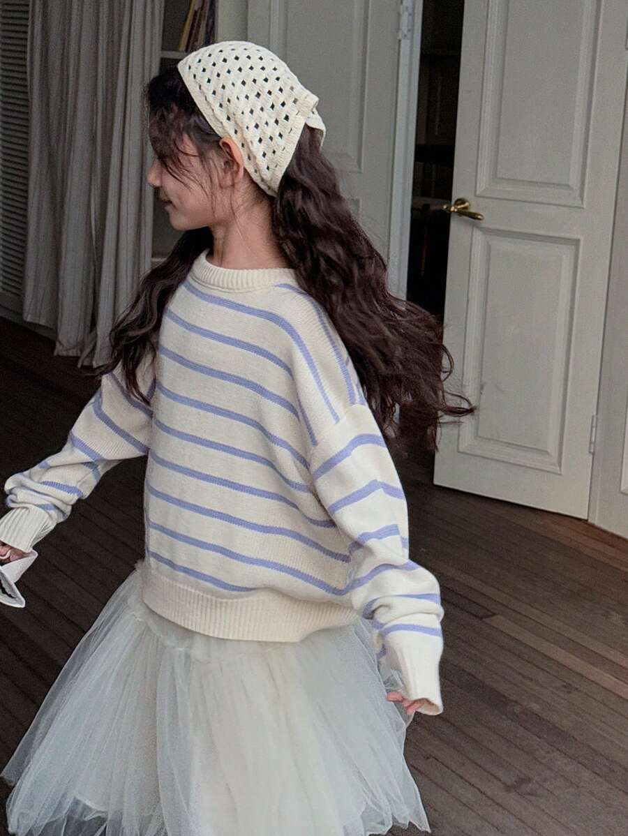 DAZY Tween Girl' Round Neck Striped Knit Sweater,Back To School Clothes - Purple - View 1