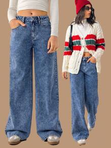 Forever 21 Jeans droits polyvalents casual de couleur unie pour femmes - Bleu azur - Voir 3