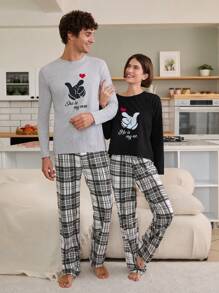 EURMUSE Valentine's Day Couple Contrast Colour Printed Shirt And Plaid Pattern Bottom Homewear Set - Black and White - View 1