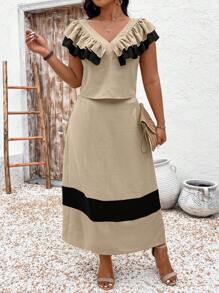 SHEIN LUNE Plus Size Plus-Size Women's Woven Plain Casual Two-Piece Set For Summer - Apricot - View 5