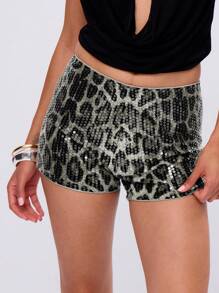 MUSERA Shorts cortos con lentejuelas de leopardo Y2K, elegantes para verano, Ibiza, vacaciones y salir de fiesta - Negro - Ver 5