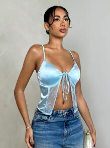 Glamine Top de tirantes de unicolor para mujer con encaje en empalme, cárdigan con cordones, top sexy de verano con escote - Azul - Ver 2