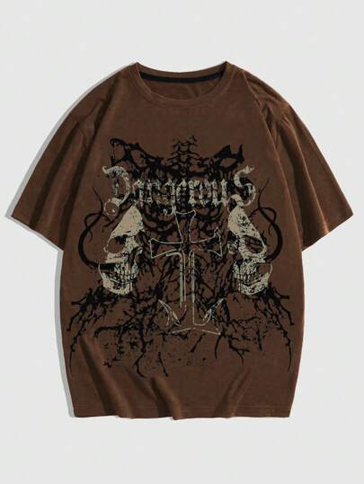 Goth Men's Letter & Skull Graphic Round Neck Short Sleeve Casual T-Shirt, 2000s Style