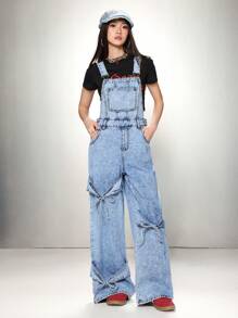 SHEIN EZwear Women's Denim Bib Pants And Jumpsuit, Casual Slim Fit Bib Straight Leg Long Pants, Valentines Bow Jumpsuit - Medium Wash - View 7
