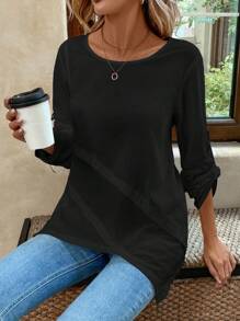 EMERY ROSE Women Asymmetrical Hem Round Neck White Shirt - Black - View 7