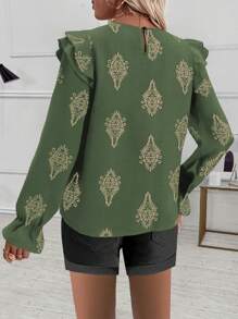 SHEIN Clasi Blusa casual de manga larga y manga abullonada con cuello con volantes bordados de lino para mujeres