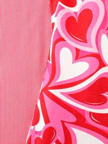 Tween Girl 2pcs Knit Round Neck Sleeveless Sporty Street Casual Heart Print Pink Dress Clothes Set For Valentine's Day