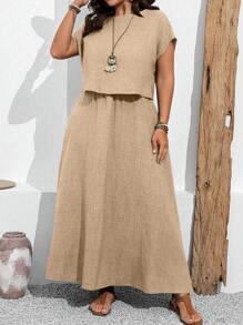 SHEIN LUNE Plus Size Women Bat-Wing Sleeve Top And Skirt Casual 2 Pieces Set