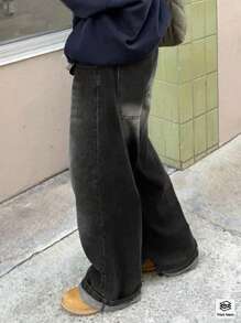 European And American Street New Spring And Autumn Loose Casual Slim Mid-Waist Straight Pants Women's Jeans - Xám - Xem 3