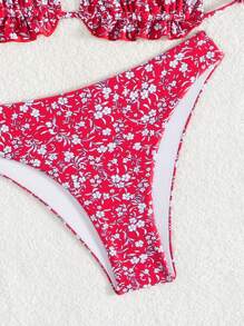 Swim Mod Women Summer Beach Vacation Ditsy Floral Cute Backless Ruffle Strap Bikini Set - Multicolor - View 8
