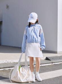 2 件套年轻女孩拼接立领长袖衬衫和松紧腰休闲裙，春夏 - 藍色 - 查看 1