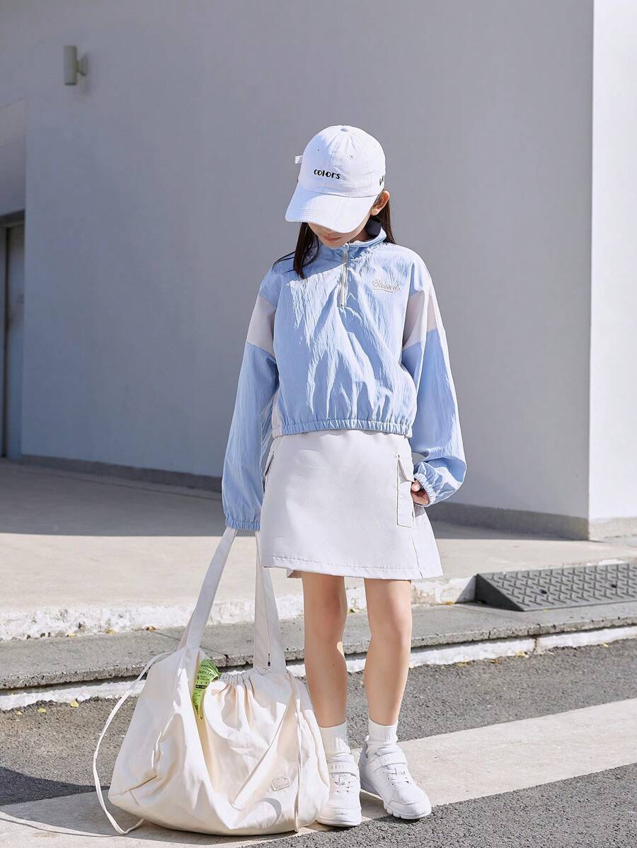 2 件套年轻女孩拼接立领长袖衬衫和松紧腰休闲裙，春夏 - 藍色 - 查看 1